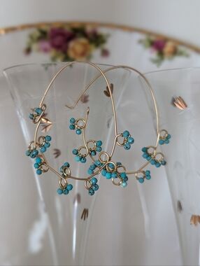 Anthropologie Gold Wire Wrapped Hoop Earrings with Turquoise Bead Clusters